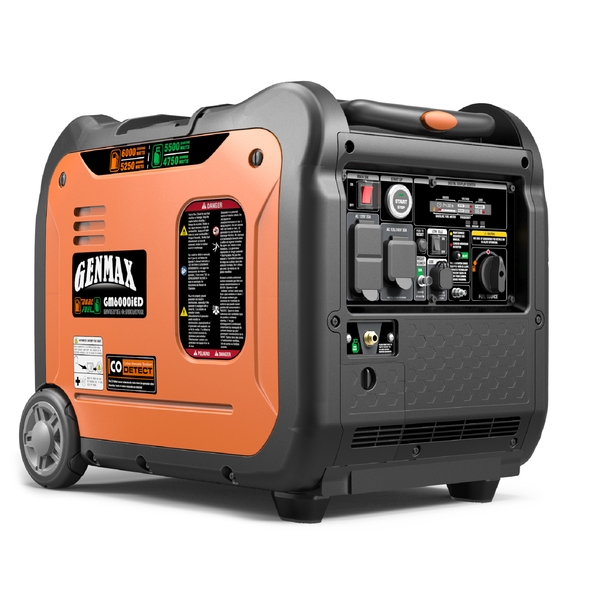 GENMAX, Portable Inverter Generator, 6000W Dual Fuel, Surge Watts 6000 Rated Watts 5250 Voltage 120/240 Model# GM6000iED